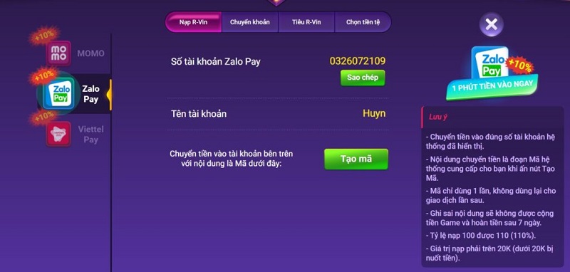 Nạp tiền qua ví điện tử